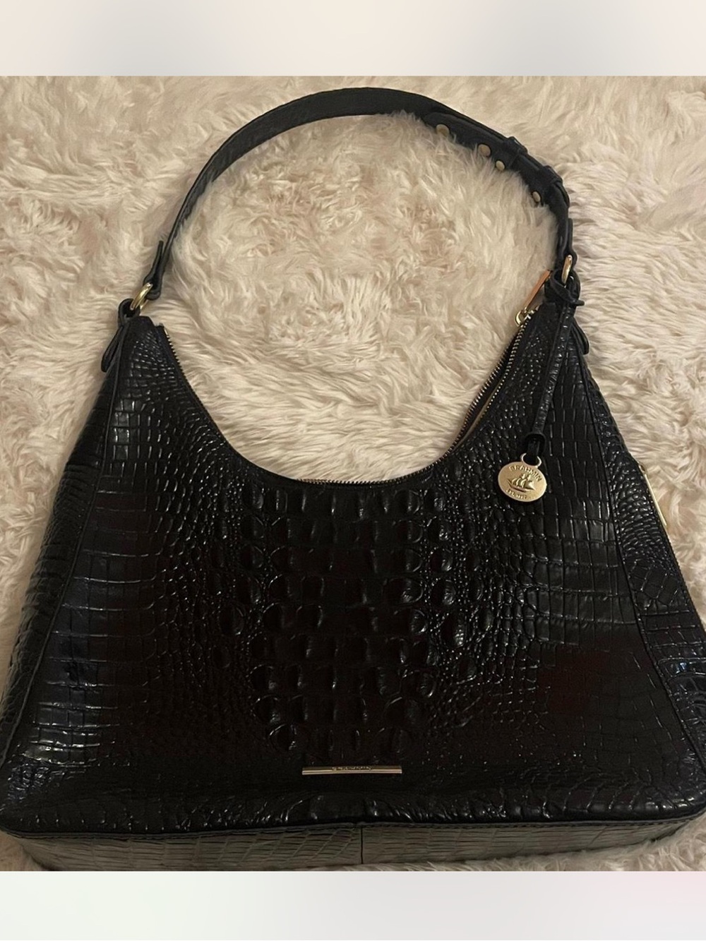 Brahmin Black Croc-Embossed Shoulder Bag with Gold Accent